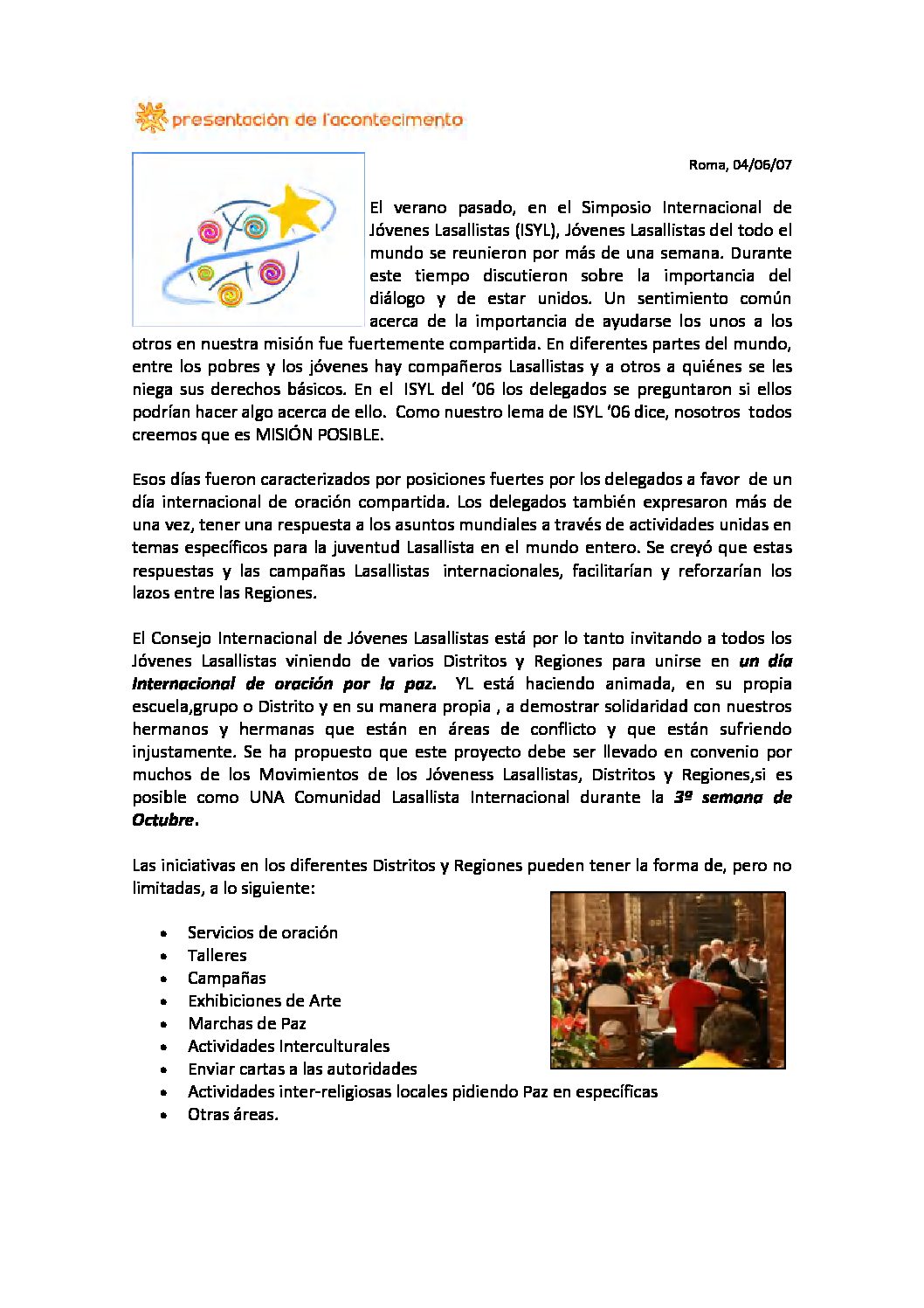 Día Internacional Lasallista de Oracion por la Paz